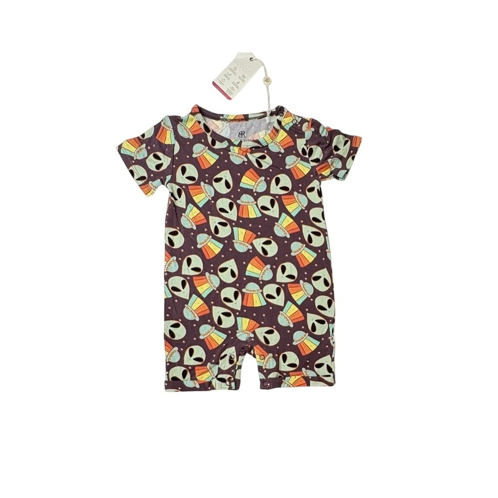Bums & Roses Cosmic in Peace Romper Shorty 3T Whimsgoth Fantasy Aliens Spaceship
